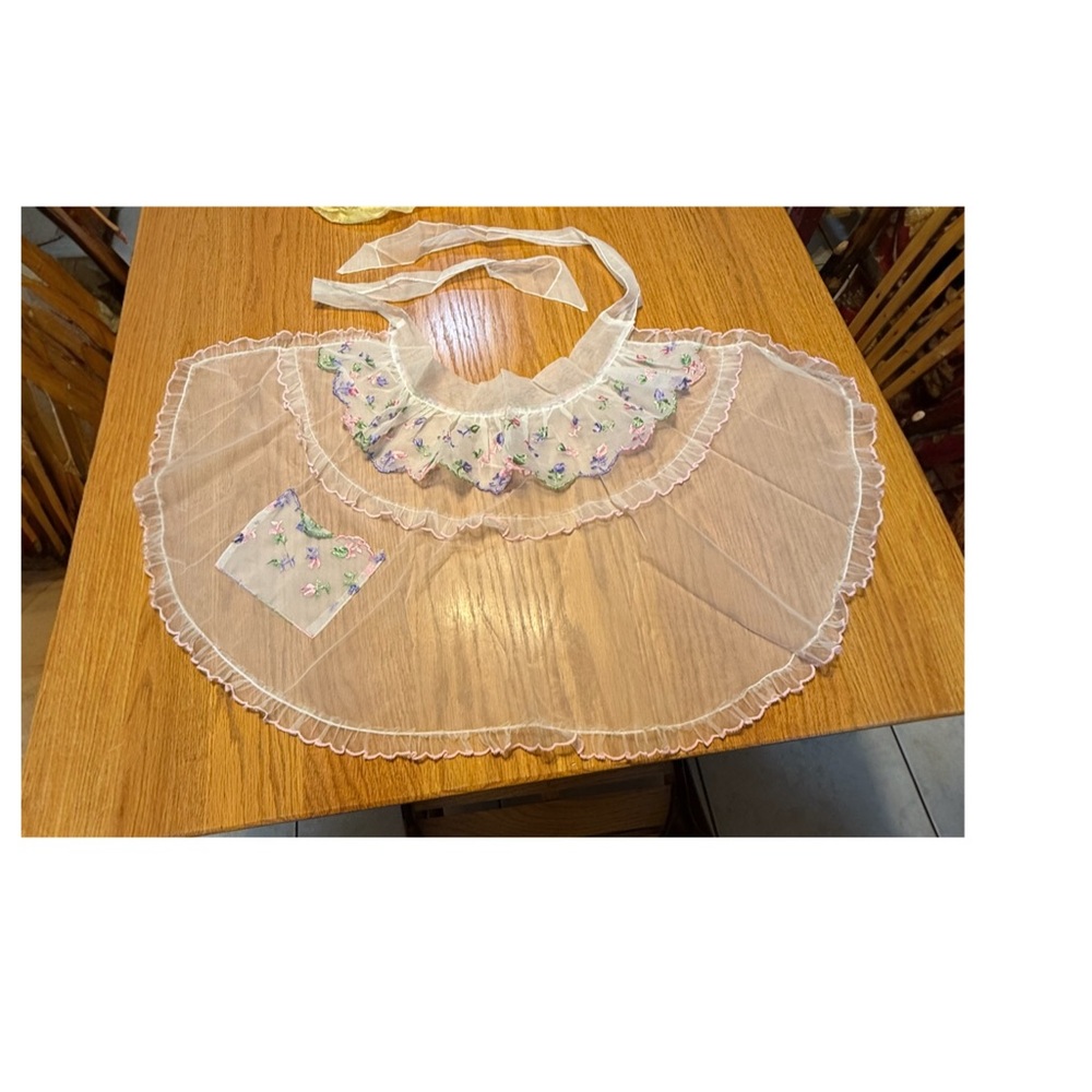 Vintage Sheer Half Apron Floral Ruffle Tie Waist